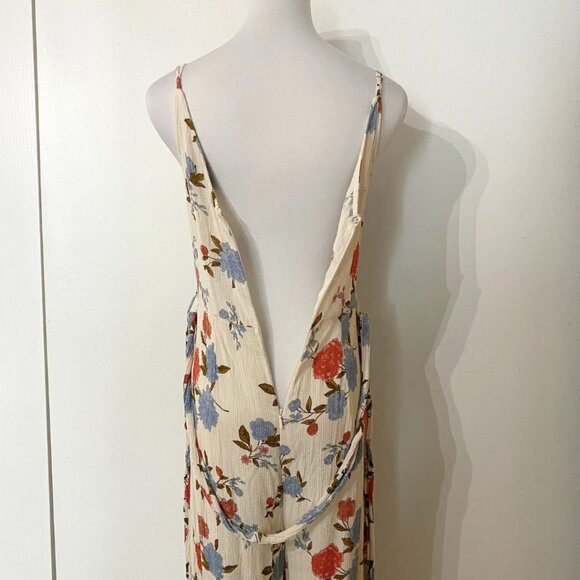 AMERICAN EAGLE AEO WHITE BLUE FLORAL SURPLICE BELTED WIDE FULL SLIT LEG JUMPSUIT - Picture 6 of 11